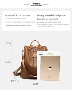 Detail view of brown PU leather backpack dimensions with iPad and magazine for size scale