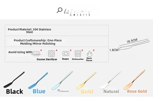 Size chart for 304 stainless steel butter knife showing dimensions and colorful options