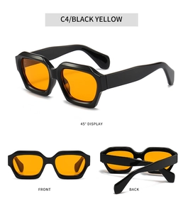 Polygonal sunglasses detail in black yellow finish showing front and folded views