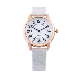 Fashion women's quartz watch with rose gold case and stylish light grey leather strap