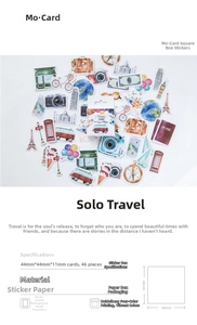 Detail of vintage travel stickers set featuring 46 pieces of 44x44mm adhesive labels