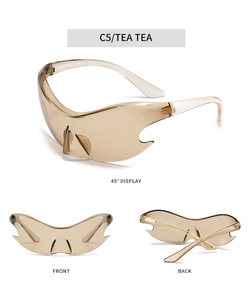 Detailed multi-angle views of Y2K futuristic wrap around tea tinted sports sunglasses