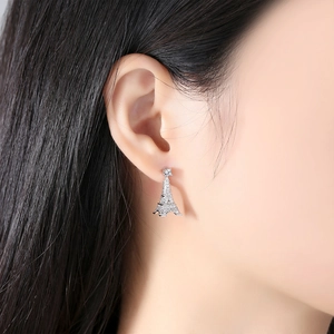 Elegant silver Eiffel Tower drop earrings with sparkling zircon stones for women