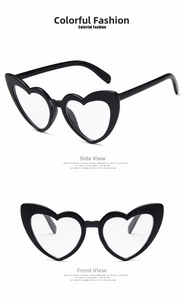 Detailed views of glossy black heart-shaped frames from front and side perspectives