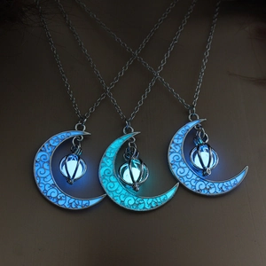Luminous moon pumpkin pendant necklaces with glowing green beads for Halloween party