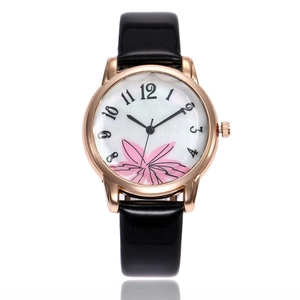 Fashion rose gold quartz watch with floral dial and black leather strap for women
