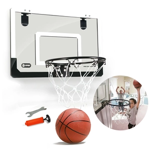 Mini indoor basketball hoop set with transparent backboard, orange ball, and pump for kids