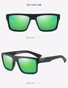 Detail view of DUBERY matte black sports sunglasses with green polarized lenses and logo