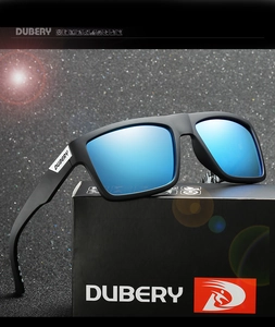 Polarized sports sunglasses in matte black with blue mirrored lenses and branded packaging