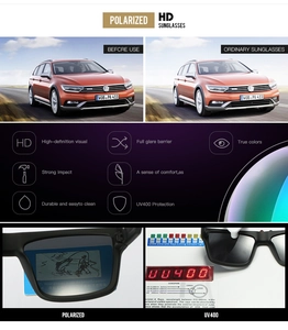Polarized sports sunglasses featuring UV400 protection and HD vision test comparison