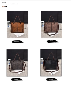 Detail view of retro tote bag showing four color options and elegant buckle handles