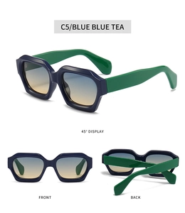 Detailed three-way view of blue and green irregular sunglasses with gradient lenses