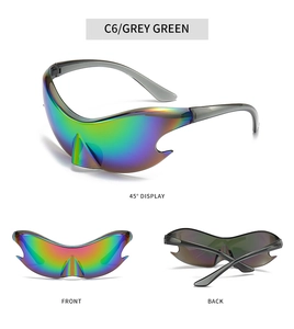 Detail view of futuristic Y2K cycling sunglasses with colorful iridescent mirror lenses