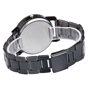 Compass turntable watch with black metal strap and stainless steel case back view
