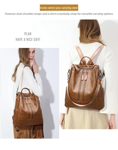 Brown leather backpack with detachable strap showing shoulder and backpack carry modes
