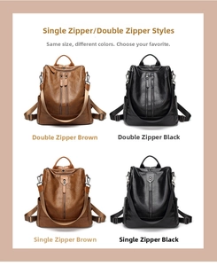 Comparison of brown and black PU leather anti-theft backpacks with single and double zippers