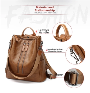Detail view of brown faux leather backpack with vertical zippers and metal hardware