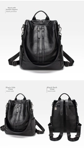 Three-angle view of black leather anti-theft backpack showing front, side, and back zipper detail