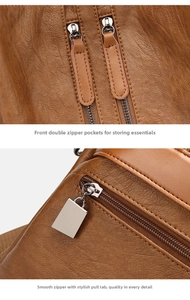 Detail of lychee pattern leather backpack featuring functional front double zippers