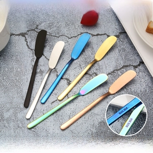 Macro detail of SUS 304 stainless steel butter knife set in six various colors