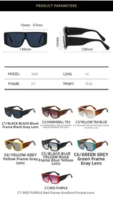 Detailed size specifications and 7-color collection of oversized PC fashion sunglasses