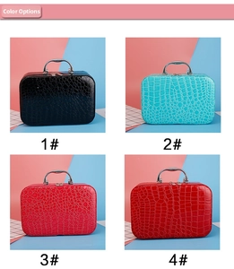 Detailed view of crocodile pattern makeup organizers in four vibrant color options