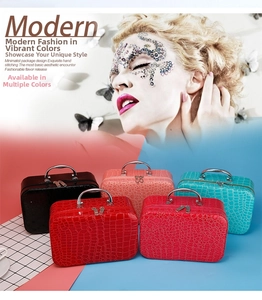 Detail of crocodile pattern leather makeup case with metal handle and dual zippers