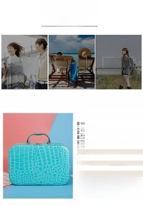 Detail of teal blue crocodile pattern makeup box with 20x14x7cm size and metal handle