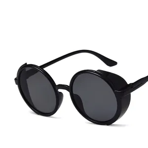 Steampunk round sunglasses with black frames, side shields, and dark grey lenses