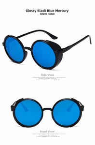 Steampunk round sunglasses with glossy black frame and blue mirror lenses in dual views