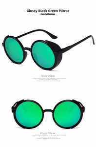 Front and side view of steampunk round sunglasses with green mirror lenses and side shields