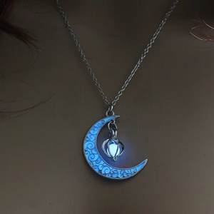 Luminous hollow crescent moon pendant necklace with glowing blue bead for Halloween party