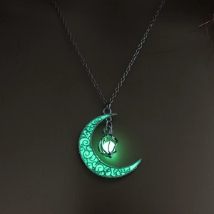 Hollow spiral moon pendant necklace with glowing green bead for Halloween parties