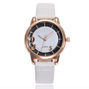 Minimalist women's quartz watch with rose gold round case and white leather strap
