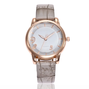 Minimalist women's quartz watch with rose gold case and grey embossed leather strap