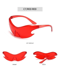 Three-view display of futuristic Y2K red wrap-around sunglasses with flame-cut lens details