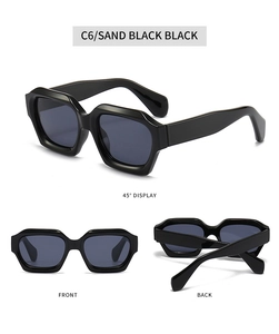 Multiple views of polygon irregular sunglasses with sand black frames and dark lenses