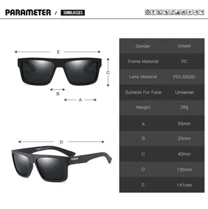 Detailed size guide for polarized sports sunglasses showing frame dimensions and technical specs