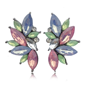 Detail of floral drop earring with colorful crystals and gunmetal alloy base