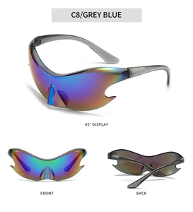 Three views of grey blue Y2K futuristic sunglasses with iridescent wrap-around lenses