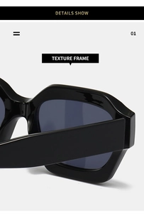 Detailed close-up showing texture frame and glossy finish of black polygon sunglasses