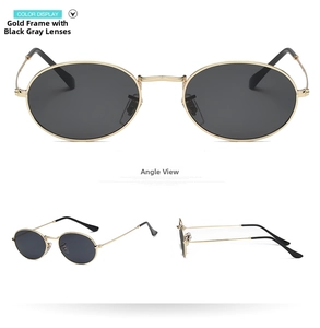 Three-angle views of vintage oval sunglasses with gold metal frames and dark gray lenses