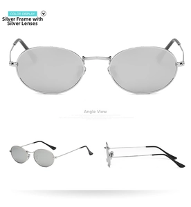 Multi-angle views of silver oval sunglasses featuring metallic frames and mercury lenses