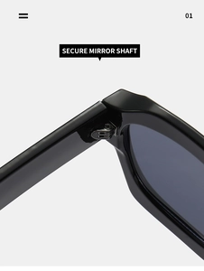 Detail of secure metal hinge and glossy resin frame on black polygon sunglasses