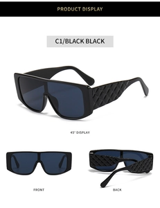 Detailed views of black oversized square sunglasses featuring quilted texture on temples