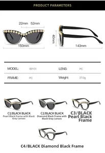 Detailed size chart and specs for rhinestone cat-eye sunglasses with pearl embellishments