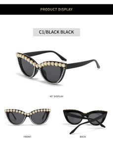 Detail of cat eye sunglasses with rhinestones and pearls from multiple angles