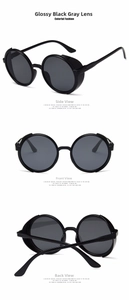 Three-way view of steampunk sunglasses with side shields in polished black finish