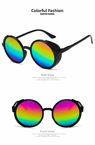Front and side views of round retro steampunk sunglasses with colorful mercury mirror lenses