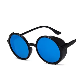 Steampunk retro sunglasses with round blue lenses and matte black frame in 45-degree view